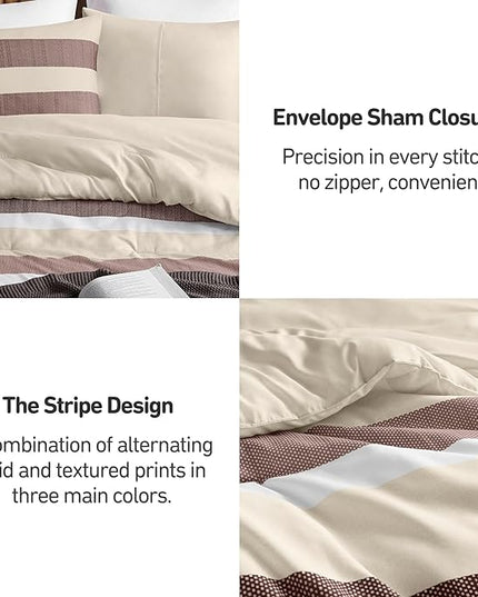 King Comforter Set, 3 Pieces Striped Bed Set, Soft Brushed Microfiber Reversible Bedding Set for All Season, Lightweight & Breathable Bedding Set with Comforter & Shams, Terracotta