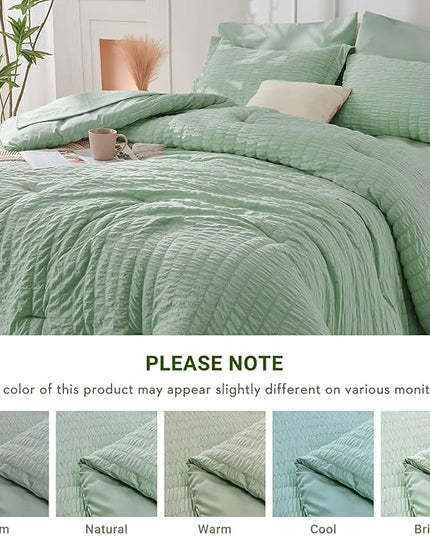 HYMOKEGE Sage Green King Size Comforter Set Seersucker 7 Pieces, All Season Luxury Bed in a Bag for Bedroom, Bedding Set with Comforters, Sheets, Pillowcases & Shams