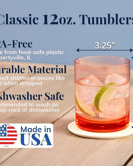 US Acrylic Classic Plastic Reusable Drinking Glasses (Set of 6) 12oz Rocks Cups Assorted Colors | BPA-Free Tumblers, Made in USA | Top-Rack Dishwasher Safe
