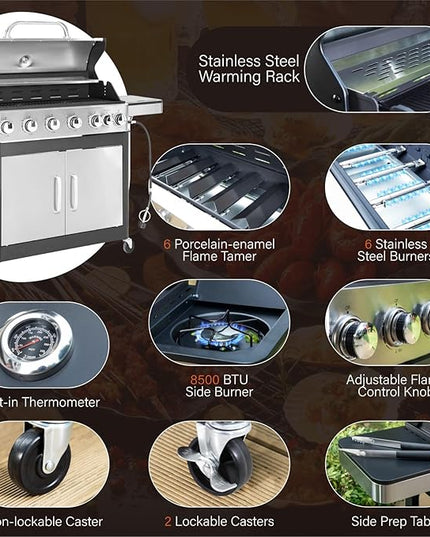 Sophia & William 6-Burner Propane Gas BBQ Grill with Side Burner & Porcelain-Enameled Cast Iron Grates, Stainless Steel Barbecue Grills Outdoor Cooking for Outside, 665 SQ.IN. Cooking Area, 65,800BTU