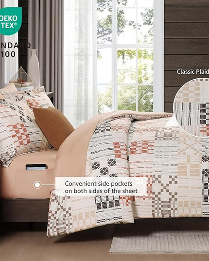 MaiRêve Queen Comforter Set, Classic Plaid Farmhouse Bedding Sets 7 Pieces, Beige All Season Bed in A Bag with Sheets, Pillowcases & Shams