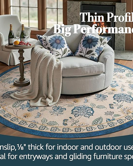 jinchan Elora 6ft Floral Round Rug for Dining Room Washable Living Room Rug Vintage Romance Design Non Slip Indoor Floor Cover Lightweight Low-Profile Throw Carpet for Bedroom Porch Patio, Blue/Beige