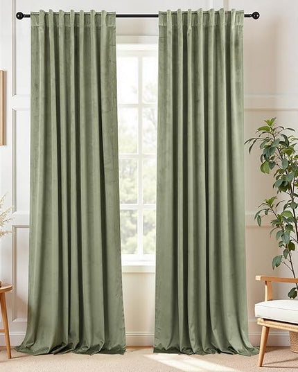 KOUFALL Sage Green Velvet Curtains for Bedroom Aesthetic Subtle Textured Blackout Boho French Country Cottage Core Curtains for Living Room 84 Inch Long