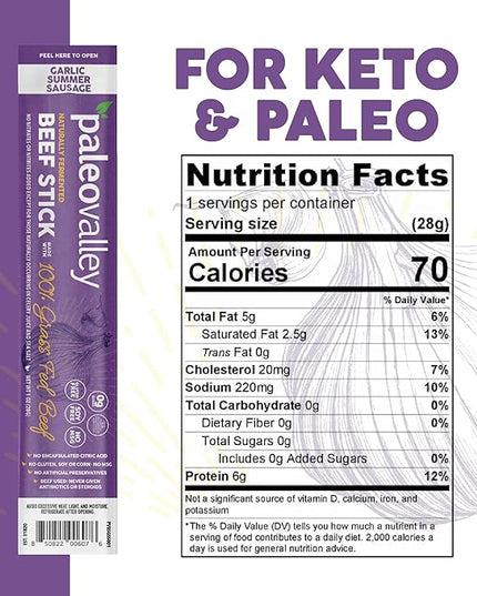 Paleovalley 100% Grass Fed Garlic Summer Sausage Beef Sticks - Delicious Gluten Free Beef Snack - High Protein Keto Friendly
