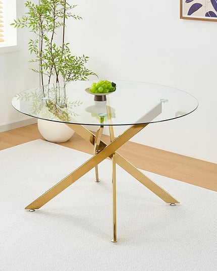 47.24" Round Glass Dining Table Modern Kitchen Glass Top Table for 6 with Gold Chrome Metal Legs, Clear Dining Table Kitchen Table for Home Office Dining Room