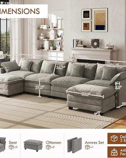 WorthFurni 146” Oversized Modular Sectional Sofa, U Shaped Cloud Couch Set for Living Room, 4-Seater Comfy Chenille Couches with 2 Movable Ottomans, DIY Combination （Grey）