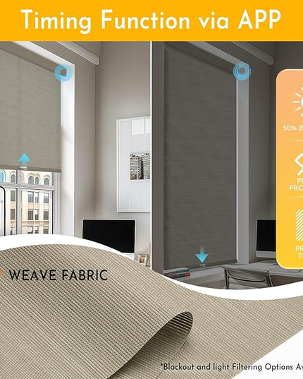 Persilux Smart Motorized Blinds with Remote, No Drill Automatic Roller Shades for Indoor Windows, Light Filtering Linen Fabric, Electric Blinds for Windows, Weave Caribou C162-5, Custom Size