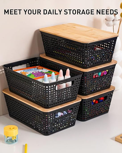 Storage Bins with Lids 6 Packs, Plastic Storage Bins with Bamboo Lids for Pantry Organization and Storage Containers for Shelves Drawers Desktop Closet Office Home, Black
