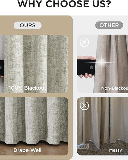 Joydeco Pinch Pleated Curtains - 100% Blackout for Bedroom, Light Beige Linen Curtains 40" W x 63" L, Thermal Insulated 2 Panels Light Blocking Drapes, Back Tabs for Living Room