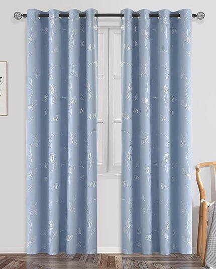 BUHUA Wave Silver Leaf Print Blackout Curtains for Living Room Darkening Curtains Light Blocking Curtains for Bedroom 52W×95L Baby Blue 2 Panels