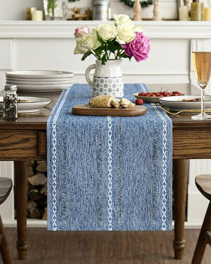 Artoid Mode Blue Rustic Cotton Linen Table Runner, Seasonal Embroidered Hollow Kitchen Dining Table Decoration for Home Party Decor 13x90 Inch