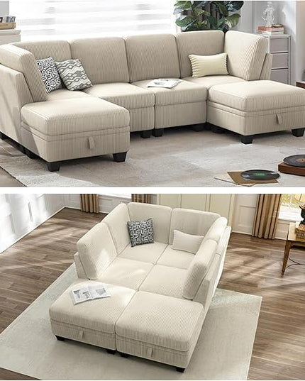 CHIC HOUSE Corduroy Modular Sectional Couch with Ottoman Chaise, L/U Shaped Sleeper Sofa for Living Room, Apartment, Lounge, Modern Armrest Neck Support Furniture (6 Seater Compact Sleeper, Beige)