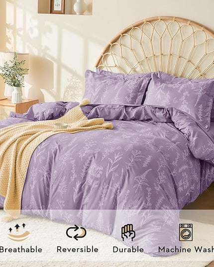 MUXHOMO Grayish Purple Full Comforter Set, Elegant Floral Print Bed in a Bag 7 Pieces, Ultra Soft & Breathable Reversible Botanical Pattern Bedding Set with Comforter, Sheets, Pillowcases, and Shams