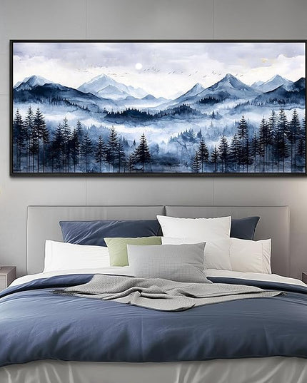 ERQINHUA Canvas Wall Art For Bedroom Large Wall Decor For Living Room Office Mural Misty and Fog Forest Painting Mountain Landscape Picture Artworks Home Decor Black Framed Ready To Hang 32x72 In