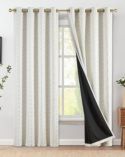 jinchan 95% Blackout Boho Curtains 84 Inches Long for Christmas Bedroom Living Room Decor Festive Xmas Golden Geometric Foil Printed Curtain Grommet Top Room Darkening Drapes Off White 2 Panels
