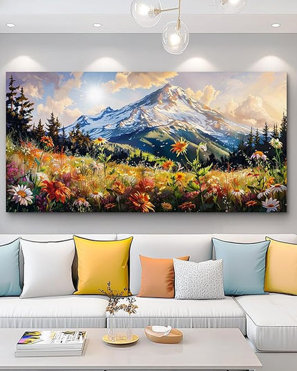 FUHAIHUA Large Framed Wall Decor For Living Room Canvas Wall Art For Office Farmhouse Wall Decorations For Bedroom Mountain Flower Landscape Paintings Modern Pictures Artwork Home Decor 24x48 In