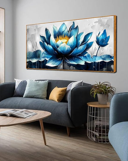Ouzzlie Large Flower Wall Decor Blue Wall Art for Living Room Gold Art Lotus Posters for Home Office 29" x 59"