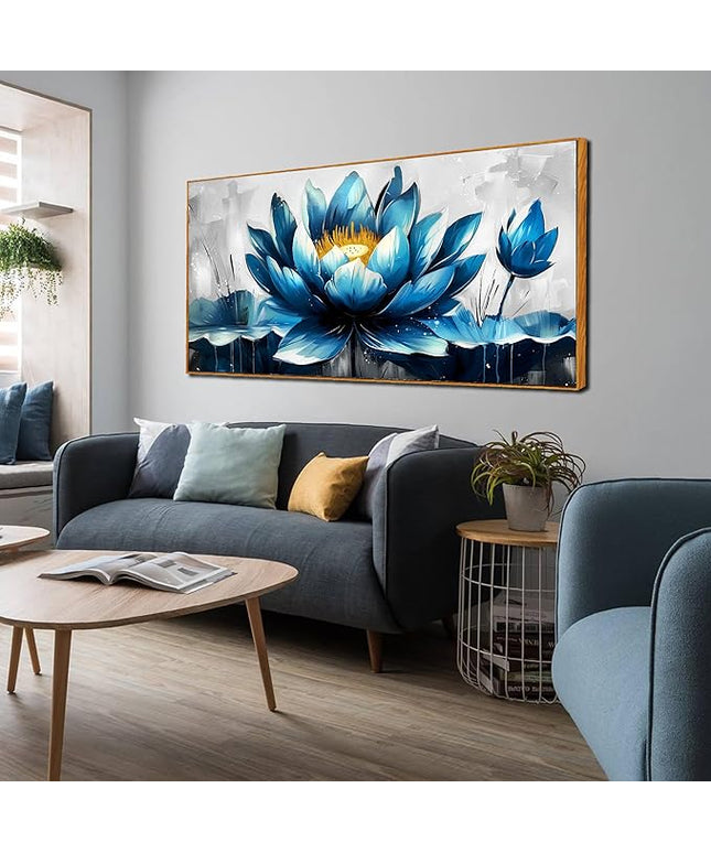 Ouzzlie Large Flower Wall Decor Blue Wall Art for Living Room Gold Art Lotus Posters for Home Office 29" x 59"