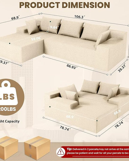 LEVELEVE 106" Cloud Sectional Couch with Deep Seat，Modern Modular Sofa with L-Shape Chaise，No Assembly Required, Upholstered Couches for Living Room Bedroom(Beige,Left Facing Chaise)