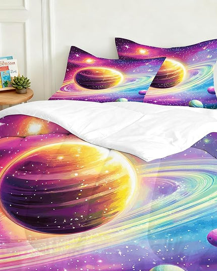 Outer Space Comforter Set Twin Size for Girls Boys Women Kids Solar System Bedding Set Planets Glitter Bed Set for Bedroom Decor Breathable Saturn Galaxy Quilt Set （2PCS, Colorful）