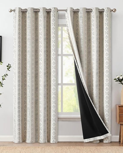 jinchan 95% Blackout Boho Curtains 90 Inches Long for Bedroom Living Room Black on Beige Geometric Printed Grommet Top Room Darkening Thermal Insulated Window Drapes 2 Panels