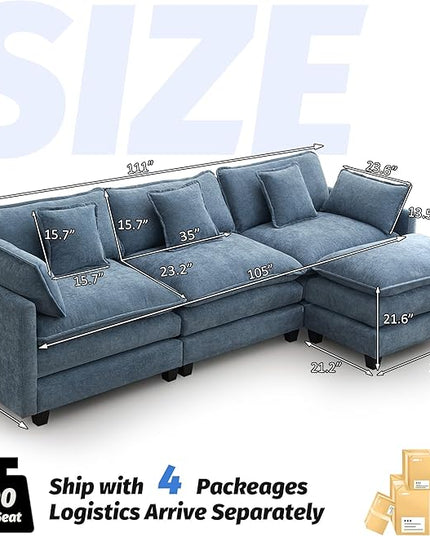 111'' Sectional Cloud Deep Seat Couch, Modern Comfy Chenille L Shaped Sectional Sofa for Living Room Set, Upholstered Modular 4-Seats Sofa Couch with Movable Ottoman, Blue