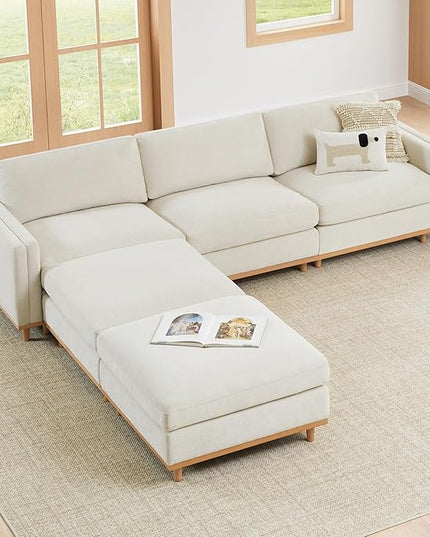 CHITA Super Large Luxury L Shape Convertible Sectional Modular Sofa, Down Filled Modern Sofa, Deep Seat Cloud Couch, 118 inch Width, 5 Seat Couch with Chaise, 2 Ottomans, Solid Wood Leg, Linen