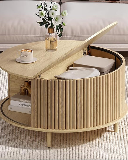 Round Coffee Table with Storage, 31.5" Mid Century Modern Coffee Table with Sliding Door & Solid Wood Legs, Minimalist Fluted Center Table for Living Room, Home Small Space, Oak