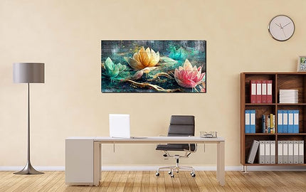 GUGIKA Lotus Flower Wall Art for Living Room, Floral Canvas Wall Decor for Bedroom, Teal Vintage Print Painting, Colorful Artwork for Home, Aesthetic Picture Decoration, Size 40x20