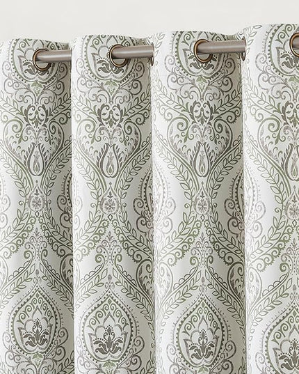 jinchan Blackout Curtains 96 Inches Long Sage Green Damask Medallion Window Curtains for Bedroom Grommet Thermal Insulated Drapes for Living Room Vintage Luxury Window Treatments Set 2 Panels