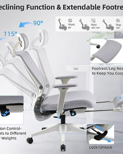 Foldable Office Chair with Foot Rest, Ergonomic Office Chair with Adjustable Lumbar Support, Headrest, Armrest, Home Office Desk Chairs for Space Saving, Grey