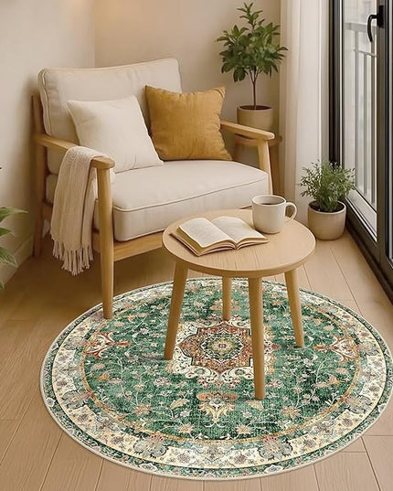Green Round Rug 4ft,Circle Washable Area Rugs for Bedroom Bathroom Entryway Kitchen,Small Boho Vintage Bohemian Distressed Oriental Floral Carpet Non Slip,Retro Sage Floral