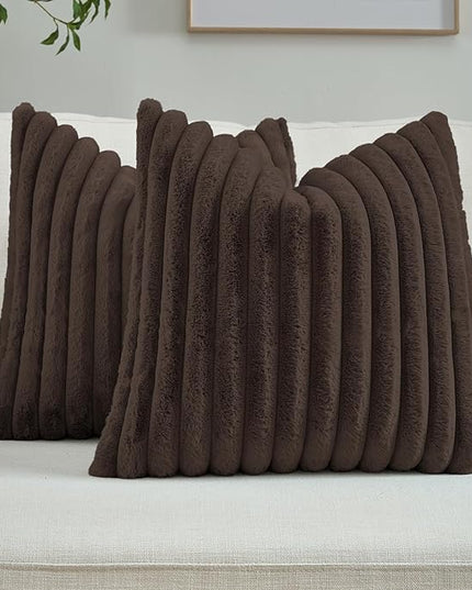 FUTEI Dark Coffee Throw Pillow Covers Set of 2, 18x18 Inch Striped Texture Cushion Cases with Soft Faux Rabbit Fur Front & Velvet Back, Modern Decorative Couch Pillows for Living Room