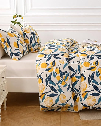 MUXHOMO Lemon Blossom Bed in a Bag King 7 Pieces, King Comforter Set Reversible Botanical Flowers Design, Ultra Soft & Breathable Bedding Sets with Comforter, Sheets, Pillowcases & Shams