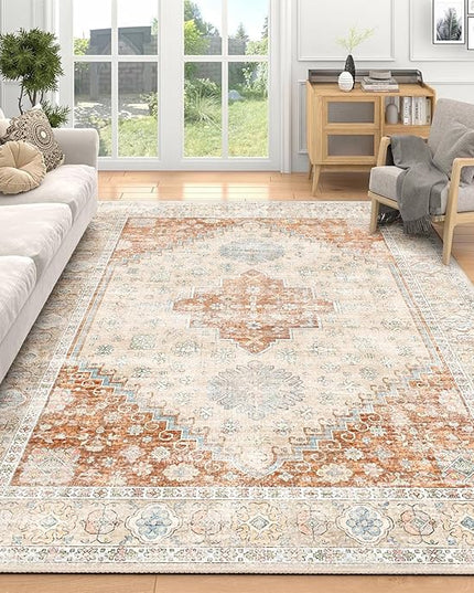 MUJOO 5x7 Area Rugs Washable,Boho Rug for Living Room Bedroom Dining Room Office,Large Throw Carpet,Non Slip Big Soft Indoor Low Pile Terracotta