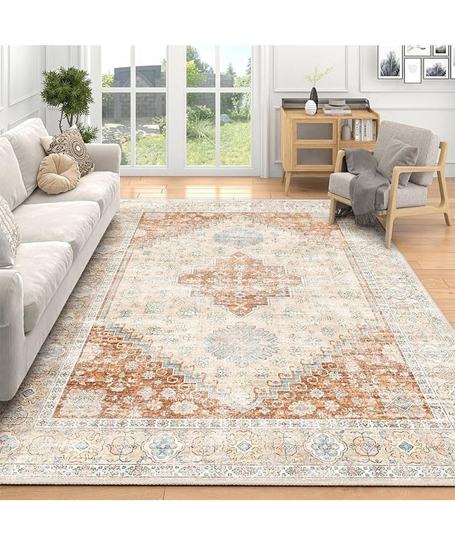 MUJOO 5x7 Area Rugs Washable,Boho Rug for Living Room Bedroom Dining Room Office,Large Throw Carpet,Non Slip Big Soft Indoor Low Pile Terracotta