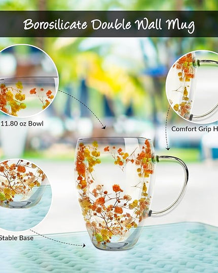 Gusto Buono 11oz Double Wall Glass Mugs, Set of 4 – Orange/Yellow Dry Flowers Design | Handmade, Heat-Resistant, Handwash Only | Perfect Coffee Mugs for Parties & Holiday Gifts