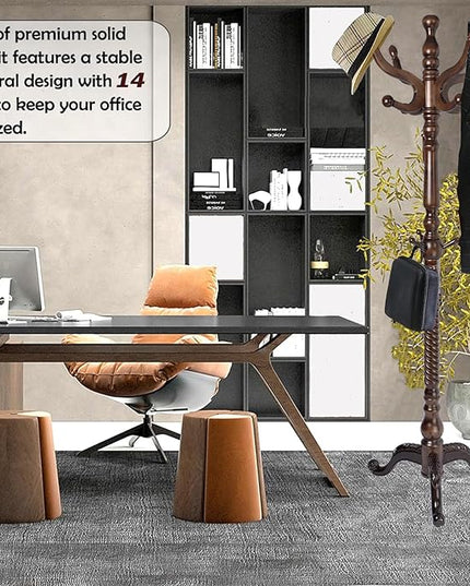 Coat Racks Free Standing with 14 Hooks, Natural Wood Coat Stands for Entryway, Adjustable Height 73 in Tree Coat Rack Stand for Hallway Home Office Bedroom (Dark Brown Triangle)