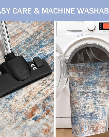 IOHOUZE Abstract Area Rug 4x6 Ft Washable Rugs for Entryway Indoor, Non Slip Small Living Room Rugs Printed Faux Wool Throw Rug, Floor Carpet for Kitchen Nursery Playroom, Blue Rust