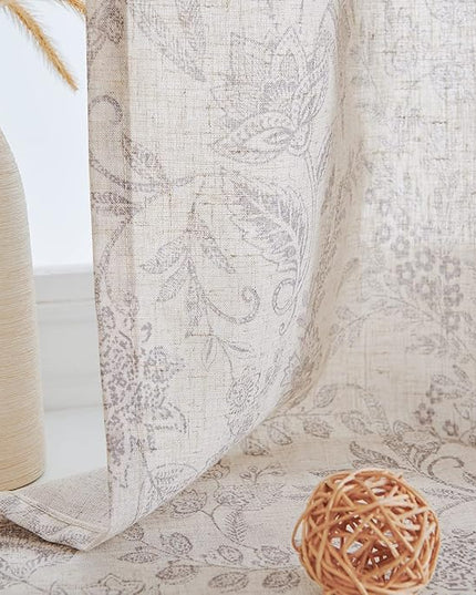 Lazzzy Linen Farmhouse Curtains for Living Room 63 Inch Length Floral Print Window Curtains Semi Sheer Drapes for Bedroom Country Light Filtering Curtain Grommet Top 2 Panels Purple Grey on Beige