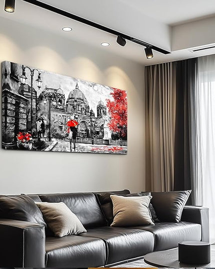 Black and White Buildings and Lovers Holding Umbrellas Under Street Lamps Canvas Art Print Artwork Wall Art for Living Room bedroom Wall Decor，Modern Home Decor Watercolor wall painting decoration