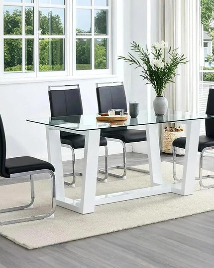 Ebullient Glass Dining Table Set for 4, Modern Dining Table Set for 4, Tempered Glass Tabletop with White MDF Trapezoid Legs, Rectangle Kitchen Table with 4 Faux Leather Chairs for Home Apartment