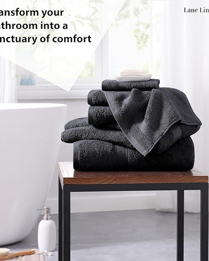 LANE LINEN 100% Cotton Luxury Bath Towel Set - 6 Pieces - Ring Spun, Super Soft & Highly Absorbent - 2 Bath, 2 Washcloths, 2 Hand Towels for Bathroom - Holds Well After Multiple Washes - Black