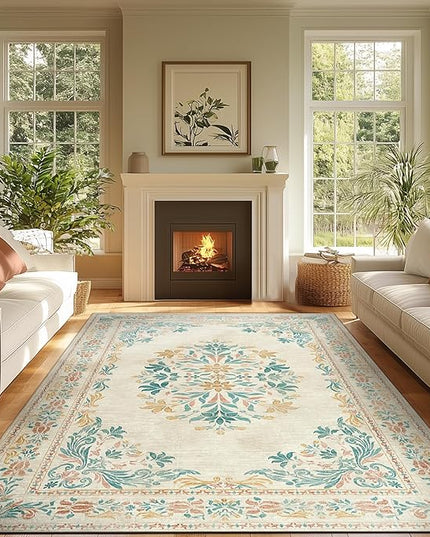 jinchan Vintage Floral 6x9 Area Rugs for Living Room - Machine Washable Distressed Design Soft Throw Rug Ultra-Thin Non-Slip Large Carpet for Bedroom Nursery Dining Room Home Office (6x9ft, Apricot)
