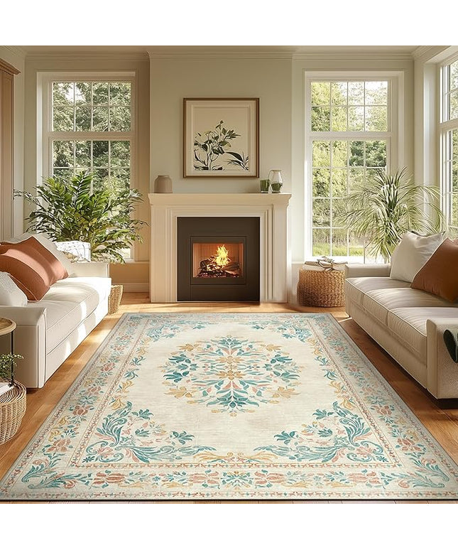 jinchan Vintage Floral 8x10 Area Rugs for Living Room - Machine Washable Distressed Design Soft Throw Rug Thin Non-Slip Large Carpet for Bedroom Nursery Dining Room Home Office(8x10ft,Apricot)