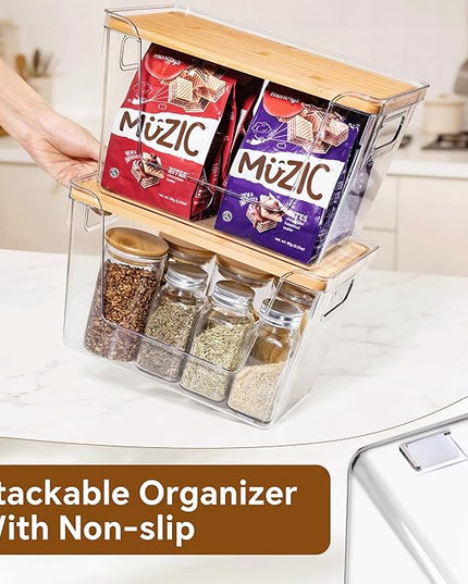 Criusia 2 Set Pantry Organizers and Storage with Bamboo Lids, Stackable Clear Bins for Onion, Potato, Fruit, Vegetables, Trash Bag Dispenser, Kitchen and Under Sink Organizer