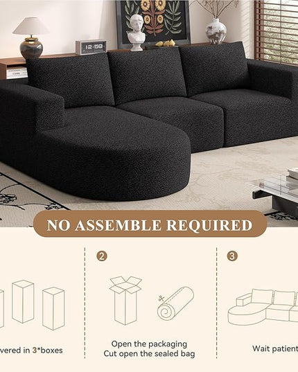 Modular Sectional Sofa with L-Shape Chaise,Cloud Sectional Modern Sleeper Couch with Deep Seat,Sponge Compression Sofas No Assembly Required (Black-Sherpa Fabric) 1PCS