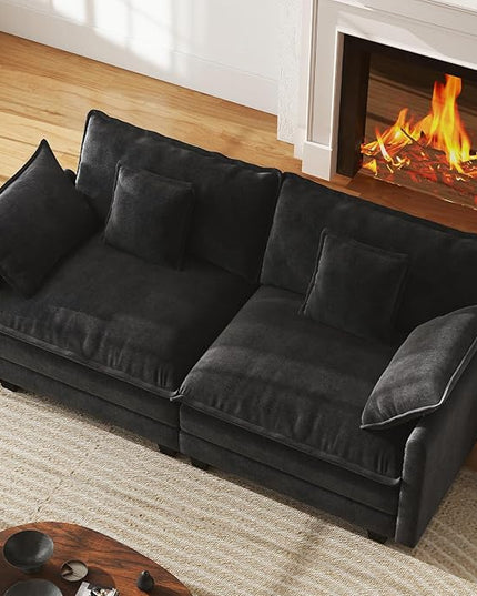 WorthFurni 77 Inch Cloud Sofa Loveseat, Comfy Sectional Couch, 2-Seater Chenille Deep Seat Sofa with Throw Pillows for Living Room Bedroom Apartment (Black)