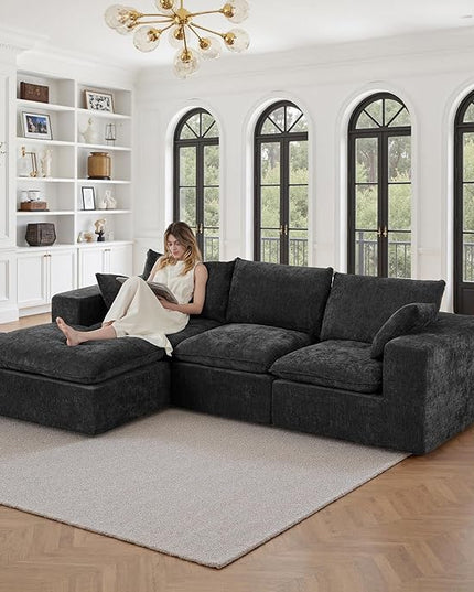 108" Sectional Couches for Living Room Boneless Couch Upholstered Cloud Couchs Sectional Modular Sectional Sofa with L Shaped (Chenille-Black, 3 Seat+1 Ottoman)