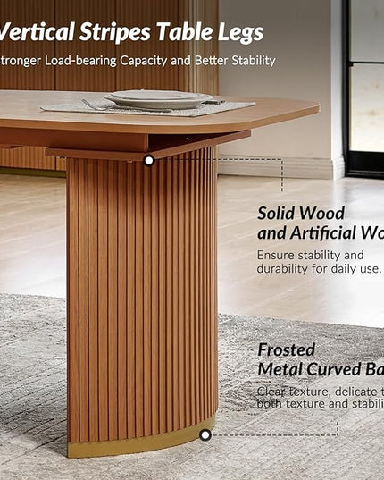 Modern Extendable Dining Table, Light Oak Wood, Mid-Century Design with Hidden Extension Board, Fluted Double Column Base, Rounded Corners, for Kitchen, Living Room